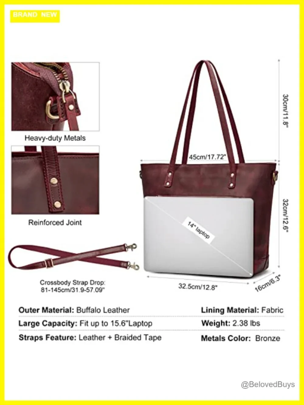 Genuine Leather Shoulder Bag Large Tote for Women Laptop Work Travel